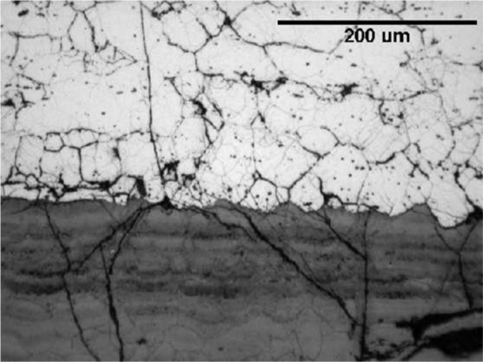 Sample of cracked material with craze cracks running through the grains suggesting severe embrittlement (Source: API RP 571, 2nd edition).